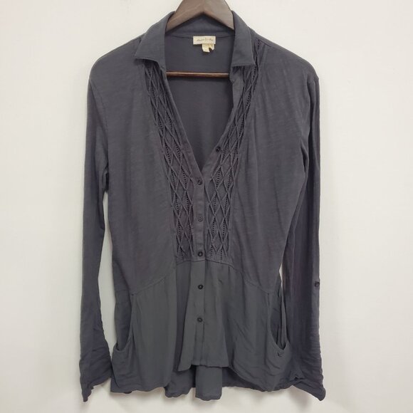 Meadow Rue Womens Button Up Bohemian Top Size M Gray Lagenlook Hippie Neutral - Picture 1 of 11